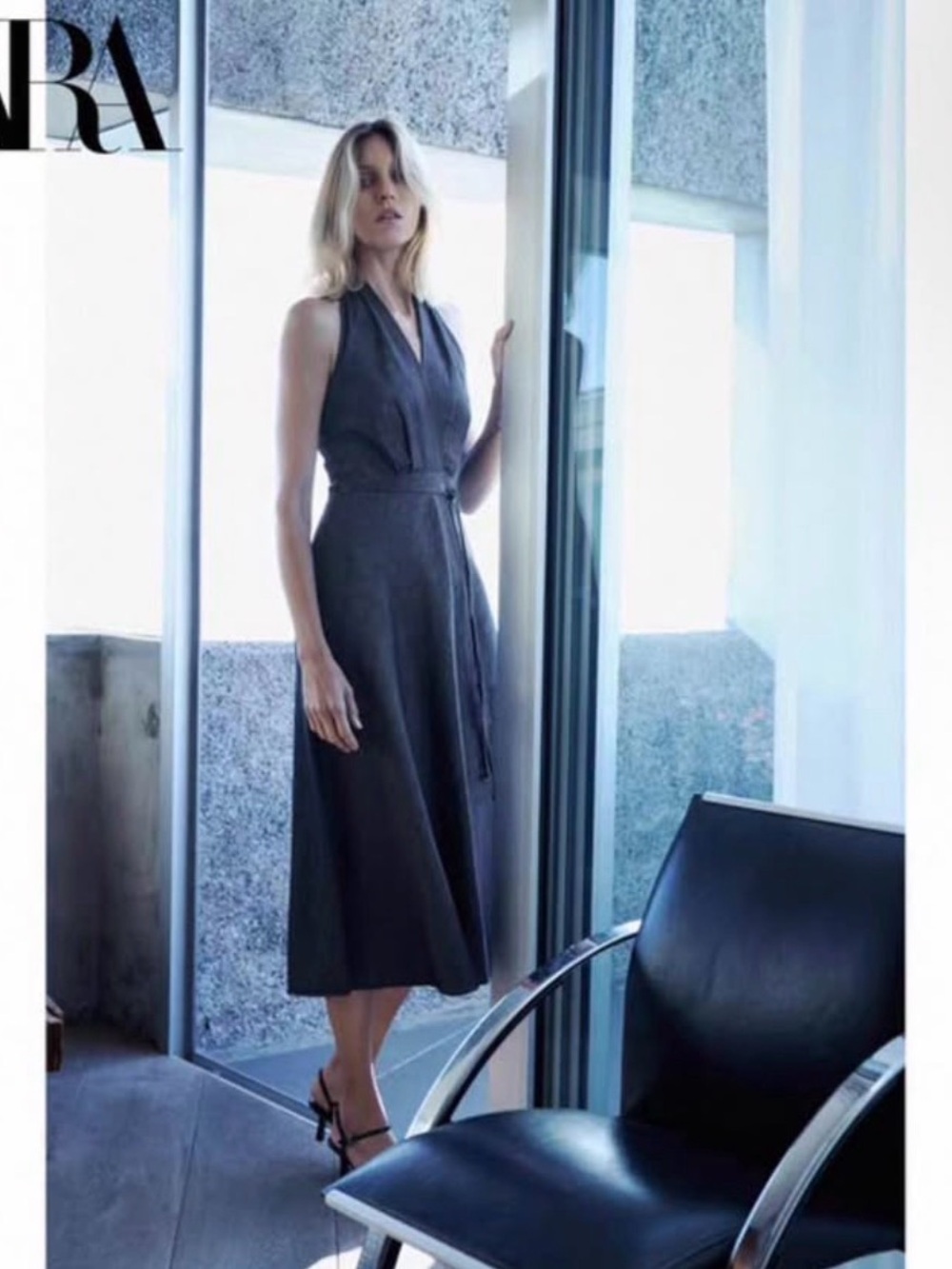 Zara Navy Halter Neck V-Neck Midi Dress with Waist Tie